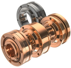 Poster - Shiny metallic cylindrical components in copper and silver tones, showcasing futuristic and industrial design with intricate details and polished finish