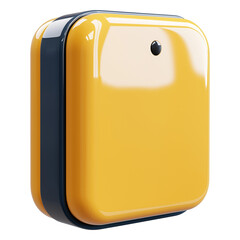 Poster - modern 3D rendered yellow and black rectangular device with glossy finish, featuring single circular button on its surface, isolated on transparency background