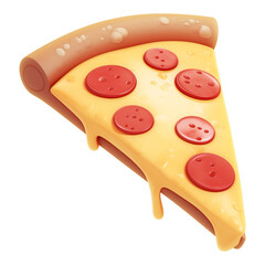 Poster - 3D cartoon pizza slice icon with melted cheese, pepperoni, and golden crust, isolated on transparency background, showcasing playful and appetizing design