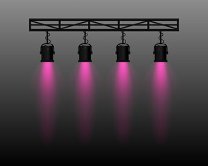 Wall Mural - spotlight set. four stage lights purple beams, hanging from a truss structure. professional lighting
