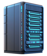 Poster - futuristic 3D rendered server with glowing blue lights, showcasing sleek and modern design, isolated on transparency background. Perfect for technology and data storage concepts