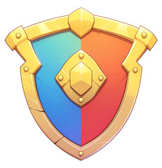 Poster - vibrant 3D cartoon shield with golden frame and split design featuring blue and red colors, symbolizing balance and protection, isolated on transparency background