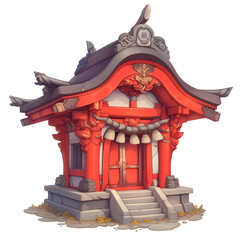 Aufkleber - vibrant 3D cartoon shrine with intricate red and white details, traditional Japanese architectural elements, and serene atmosphere, isolated on transparency background