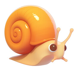 Poster - cute 3D cartoon snail with orange shell and expressive eyes, isolated on transparency background, showcasing flat and playful design style