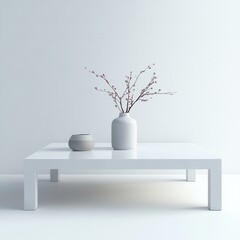Poster - Minimalist interior design white table arrangement with vase modern home still life bright space aesthetic appeal
