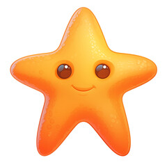Poster - cute 3D cartoon starfish icon with smiling face, flat view, isolated on transparency background. vibrant orange color and glossy texture add cheerful and playful vibe