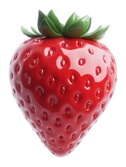 Poster - vibrant 3D cartoon strawberry icon with glossy red surface, green leaves, and realistic texture, isolated on transparency background. Perfect for food, design, or digital art themes