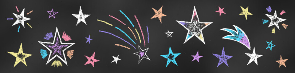 Wall Mural - Children's Chalk Drawn Sketch. Set of Design Elements Various Five-Pointed Stars Isolated on Chalkboard.