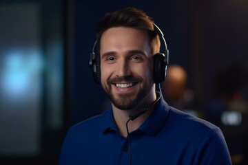 Poster - Portrait of a friendly customer service representative smiling while wearing a headset in a call center environment