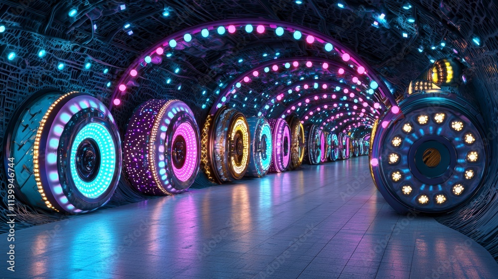 Futuristic Neon Tunnel Corridor Sci Fi Spaceship Interior Glowing ...