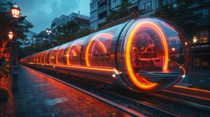 Poster - Futuristic train illuminated with vibrant neon lights on a city street at dusk.