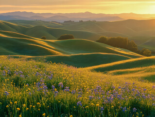 Wall Mural - A field of flowers with a beautiful sunset in the background