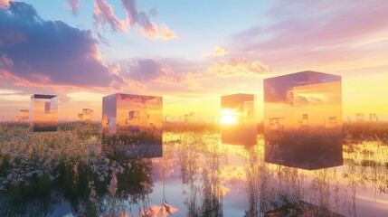 Wall Mural - Reflective Cubes Sunset Meadow Landscape