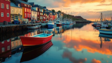 Wall Mural - Colorful Houses Line Picturesque Harbor At Sunset