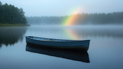 Naklejka na meble Misty lake morning with a solitary boat and a soft rainbow reflecting on calm waters