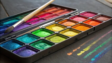 Poster - Watercolor palette showcases a spectrum of vibrant colors, accompanied by paintbrushes, ready to bring artistic visions to life on a dark textured surface where color swatches have been painted