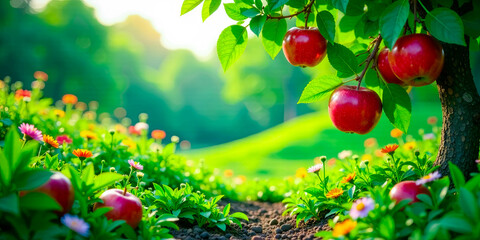 a bountiful orchard scene with ripe red apples hanging from a tree branch amidst a vibrant meadow of