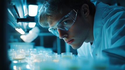Aufkleber - A man wearing a lab coat and goggles is looking at a table full of test tubes