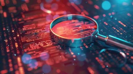 Poster - magnifying glass examining binary code on a circuit board, symbolizing big data analysis and the sea