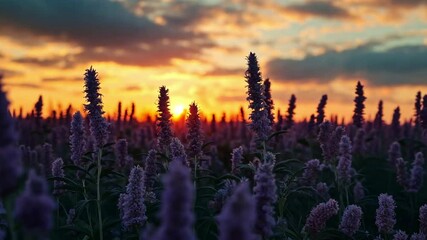 Poster - A stunning sunset casts warm hues over a field filled with tall purple flowers, creating a tranquil atmosphere in a rural setting.