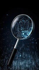 Fototapete - A magnifying glass focuses on blue binary code, creatively representing data analysis and search engine optimization in a humorous style