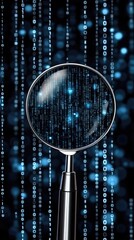 Fototapete - A magnifying glass focuses on blue binary code, creatively representing data analysis and search engine optimization in a humorous style