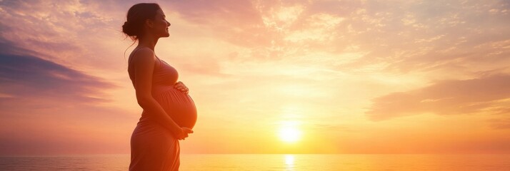 Poster - Silhouette of a pregnant woman standing at sunset with ocean view and beautiful sky colors. Generative AI
