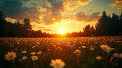 Wall Mural - Sunset over a field of wildflowers.