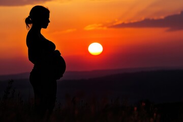 Poster - Silhouette of a pregnant woman against a vibrant sunset in a serene landscape. Generative AI