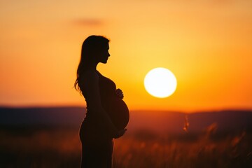 Poster - Silhouette of a pregnant woman against a vibrant sunset sky with golden hues and a serene landscape. Generative AI