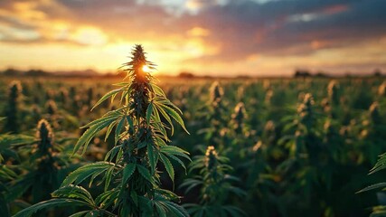 Poster - The warm glow of sunset illuminates a lush hemp field, with tall green plants standing proudly against a dramatic sky filled with clouds.