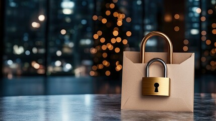 Poster - A digital padlock sits on top of envelopes, representing key security measures in a blurred office backdrop that emphasizes data protection