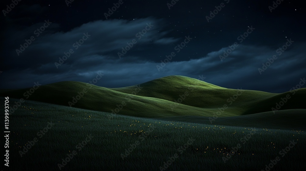 A tranquil landscape under a starry night sky, with rolling green hills ...