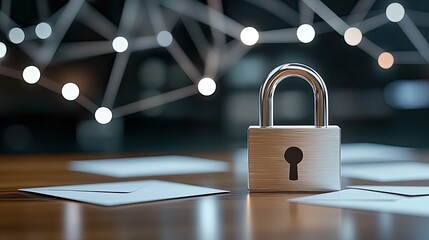 Poster - A digital padlock sits on top of envelopes, representing key security measures in a blurred office backdrop that emphasizes data protection