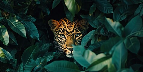 Poster - A leopard in the jungle, surrounded by green leaves and foliage.