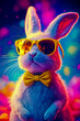 © Nikname - Cute white rabbit wearing yellow sunglasses and a bow tie, standing against a vibrant, colorful background.