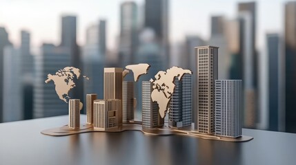Poster - an abstract representation of a world map features a global network concept in a modern office setti
