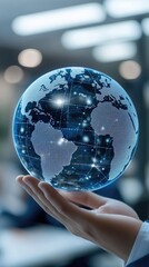 Poster - an abstract representation of a world map features a global network concept in a modern office setti