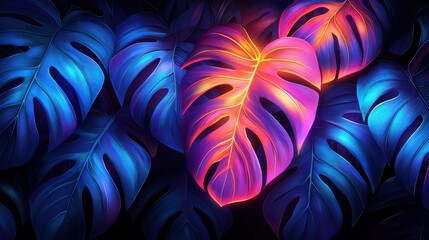 Fototapete - Vibrant neon leaves create a modern artistic display in a dark atmosphere