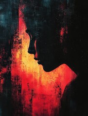 Poster - Digital abstract representation of a profile silhouette against vibrant red and yellow hues
