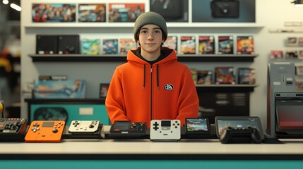 Poster - A young person in an orange hoodie stands at a gaming store counter with various consoles.