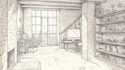 Aufkleber - A cozy, minimalist interior with a workspace, plants, and bookshelves.