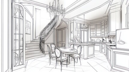 Aufkleber - A line-drawing of an elegant interior featuring a staircase and dining area.