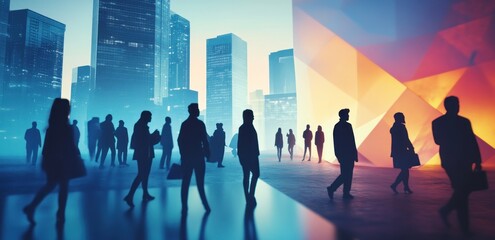 Poster - A vibrant cityscape with silhouettes of people walking amidst modern buildings and colorful lights.