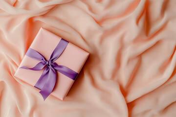 Wall Mural - Pink gift box with purple bow on pink background. Gift for Valentine's Day.