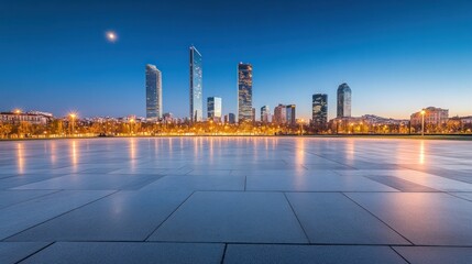 Poster - A city skyline at dusk with illuminated buildings and a reflective pavement.