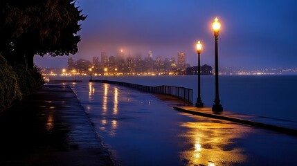Poster - A serene waterfront scene at dusk with city lights reflecting on wet pavement.