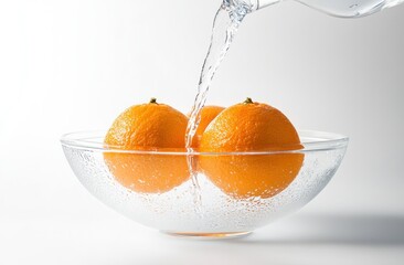 Poster - Three oranges in a bowl with sparkling water being poured over them.