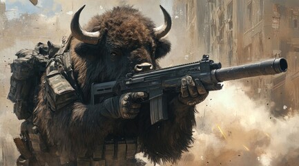 Poster - A bison armed with a rifle in a war-torn urban environment.