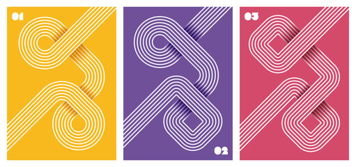 Wall Mural - set of abstract colourful posters with geometric line art featuring interconnected curves and shapes